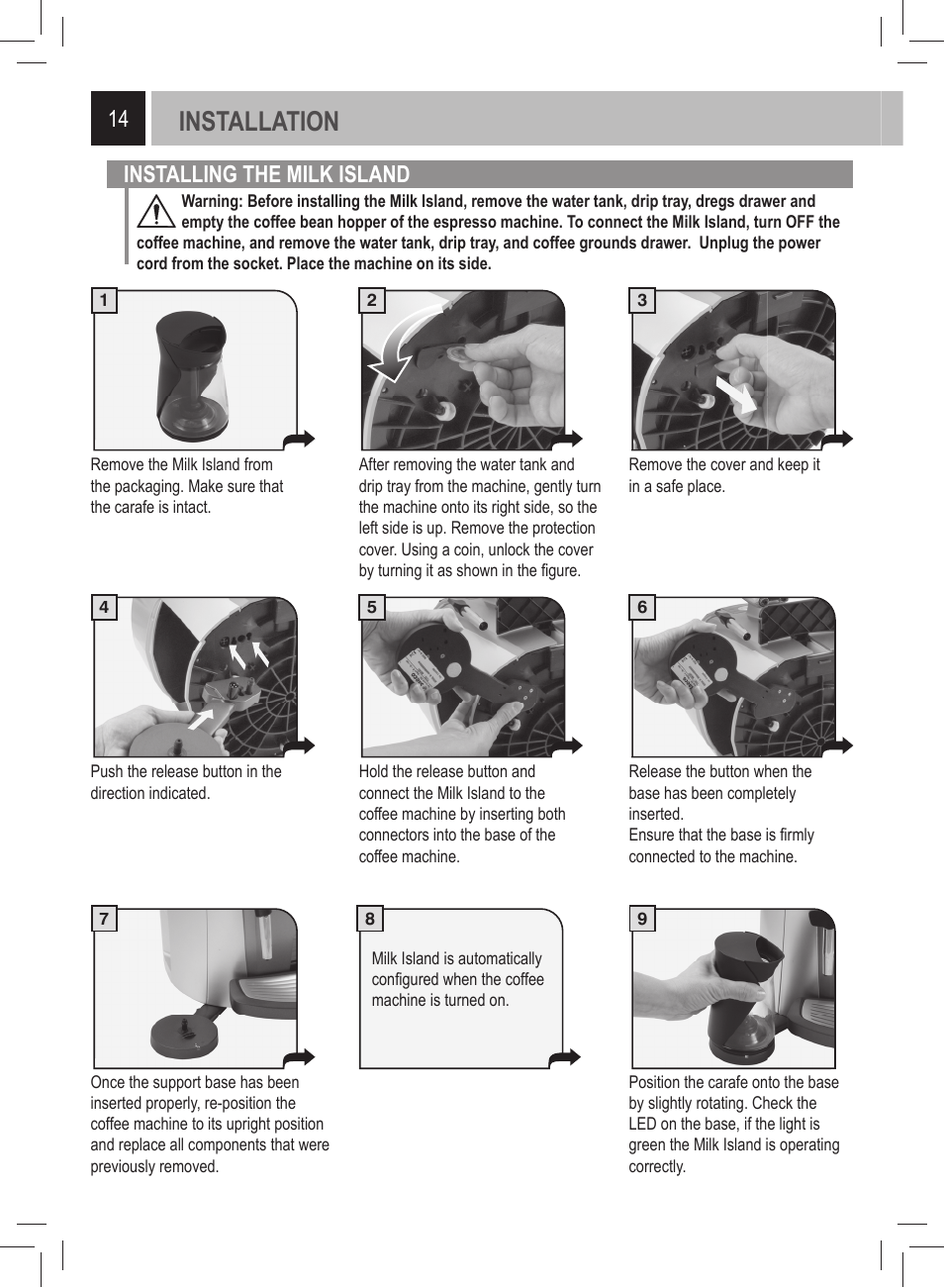 Installation, Installing the milk island | Philips 21000972 User Manual | Page 14 / 84