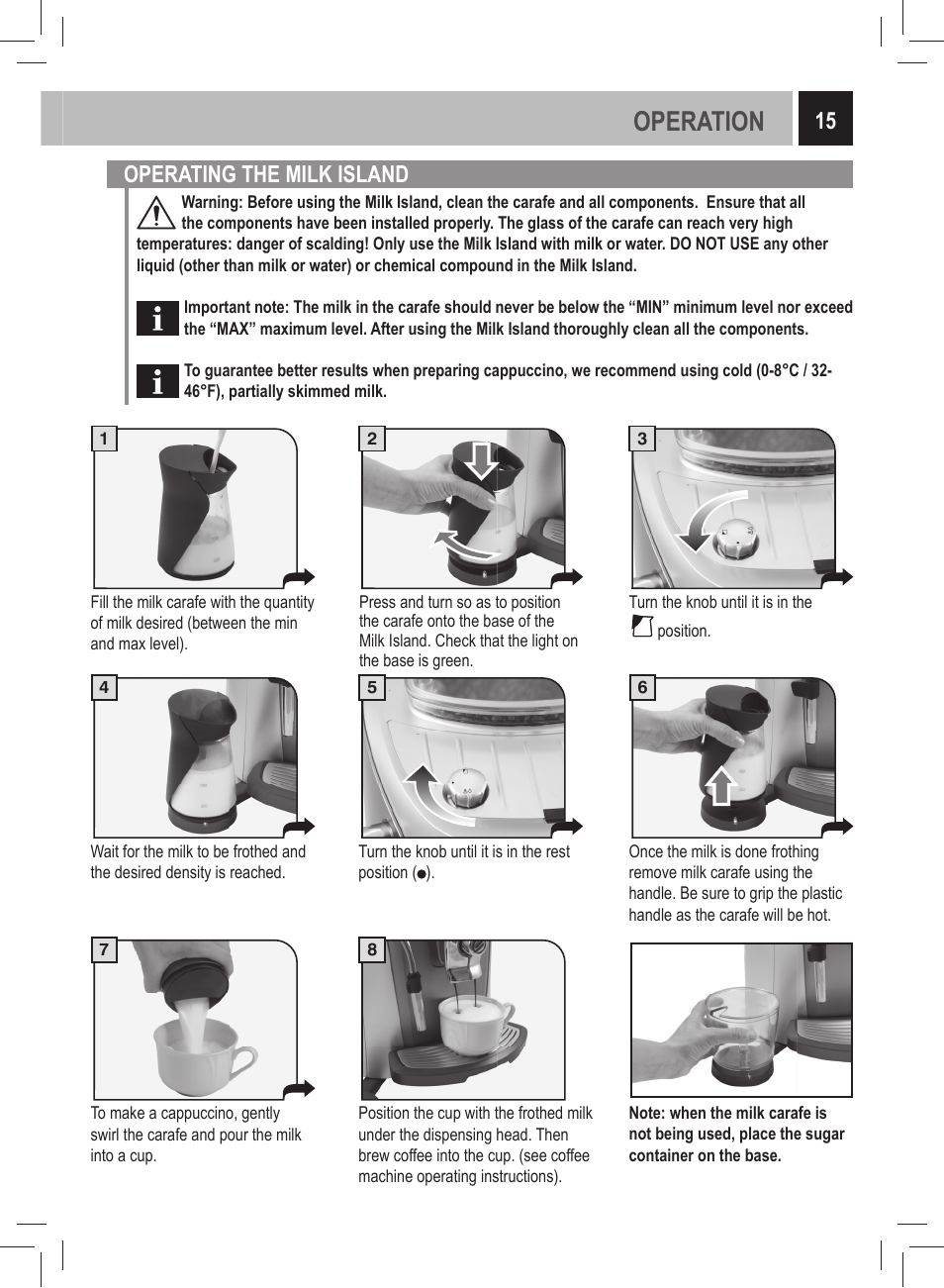 Operation, 15 operating the milk island | Philips 21000972 User Manual | Page 15 / 84