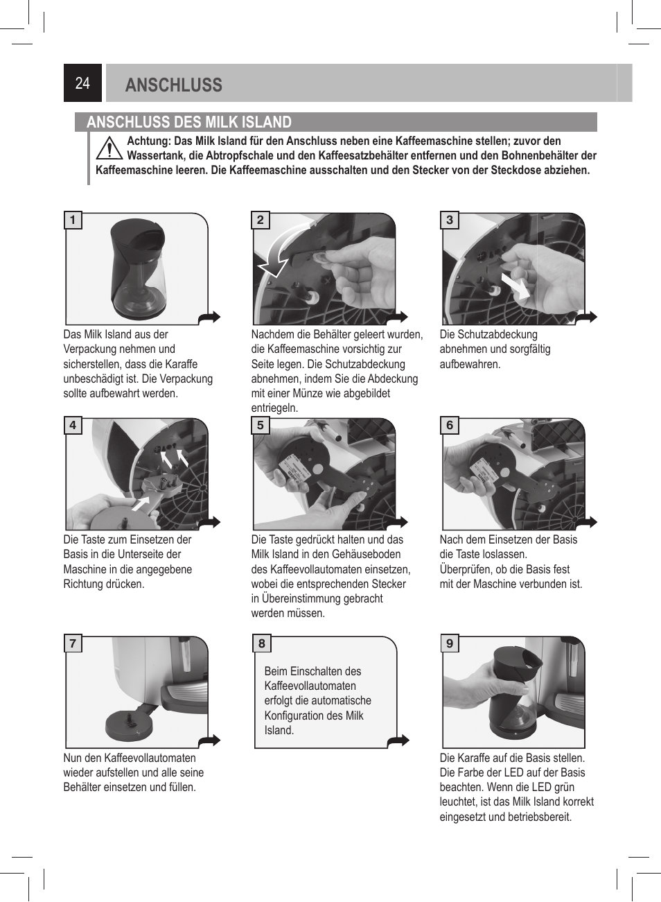Anschluss, Anschluss des milk island | Philips 21000972 User Manual | Page 24 / 84