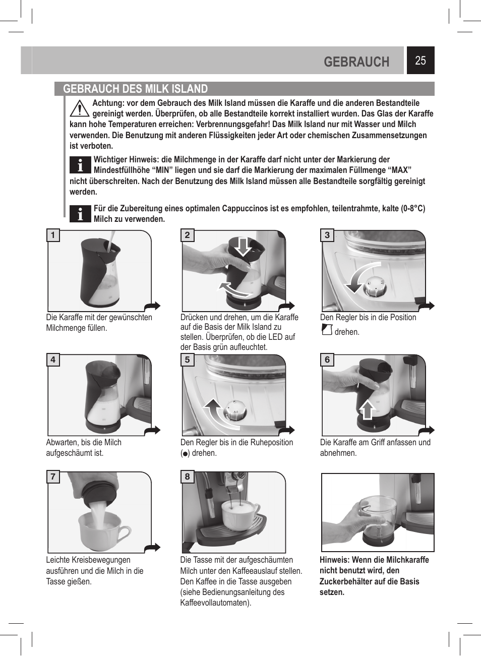 Gebrauch, 25 gebrauch des milk island | Philips 21000972 User Manual | Page 25 / 84
