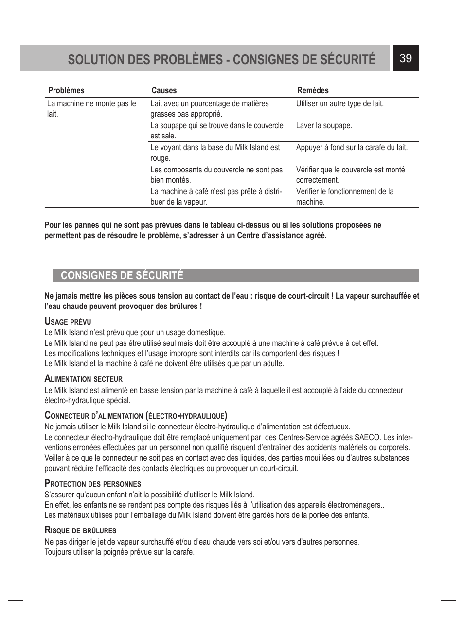 Solution des problèmes - consignes de sécurité, Consignes de sécurité | Philips 21000972 User Manual | Page 39 / 84