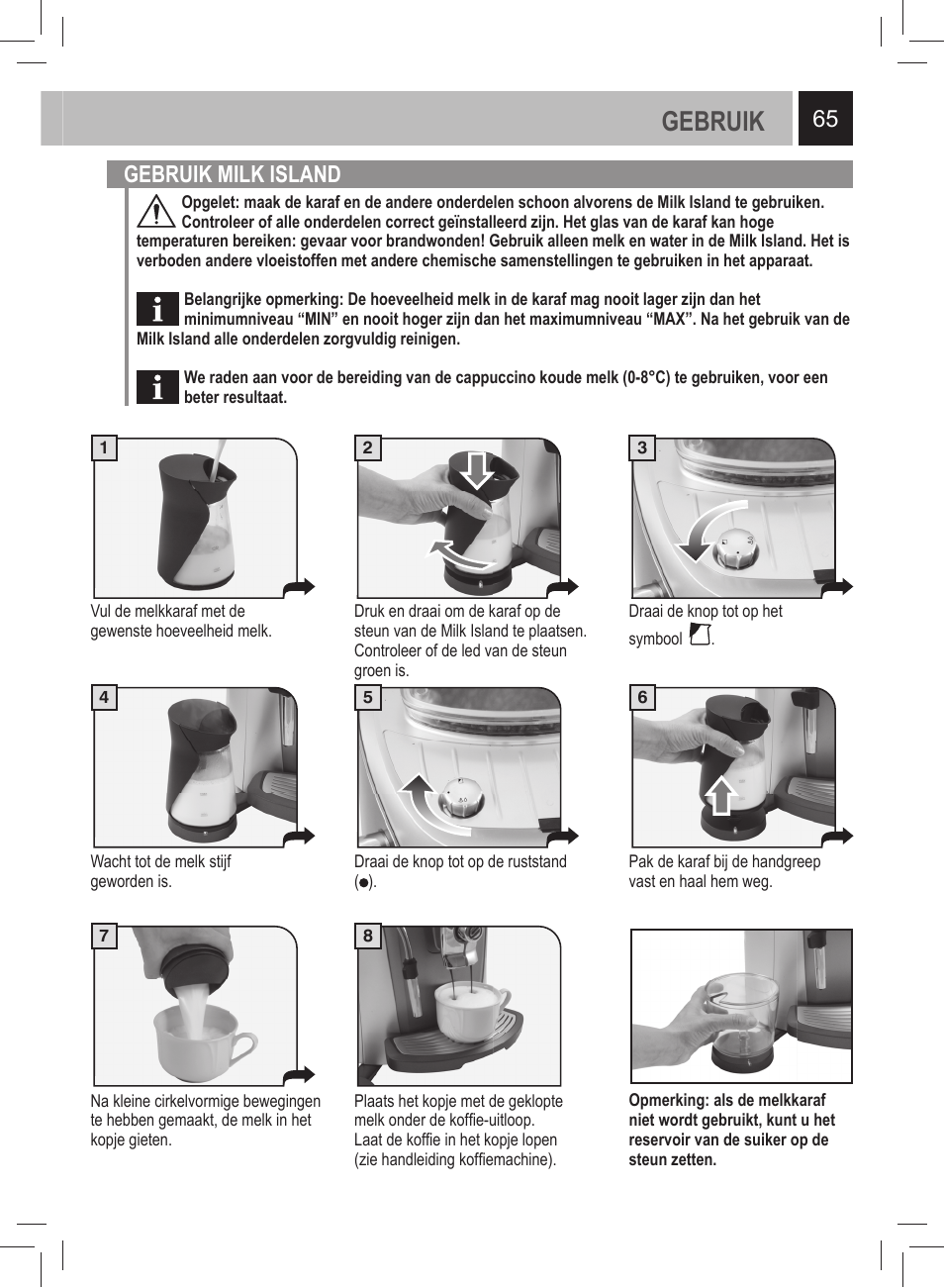 Gebruik, 65 gebruik milk island | Philips 21000972 User Manual | Page 65 / 84