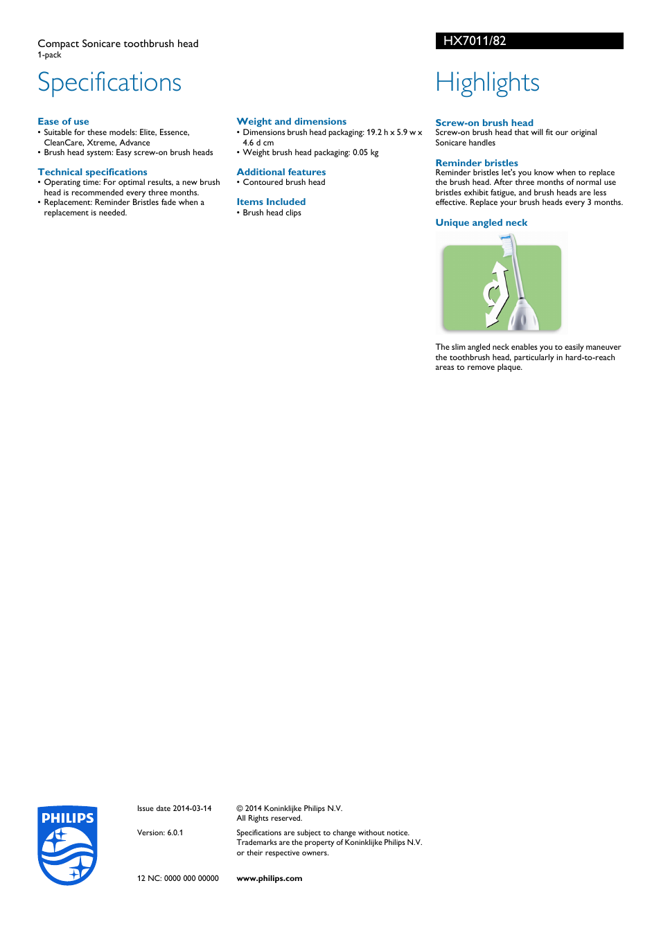 Specifications, Highlights | Philips HX7011-82 User Manual | Page 2 / 2