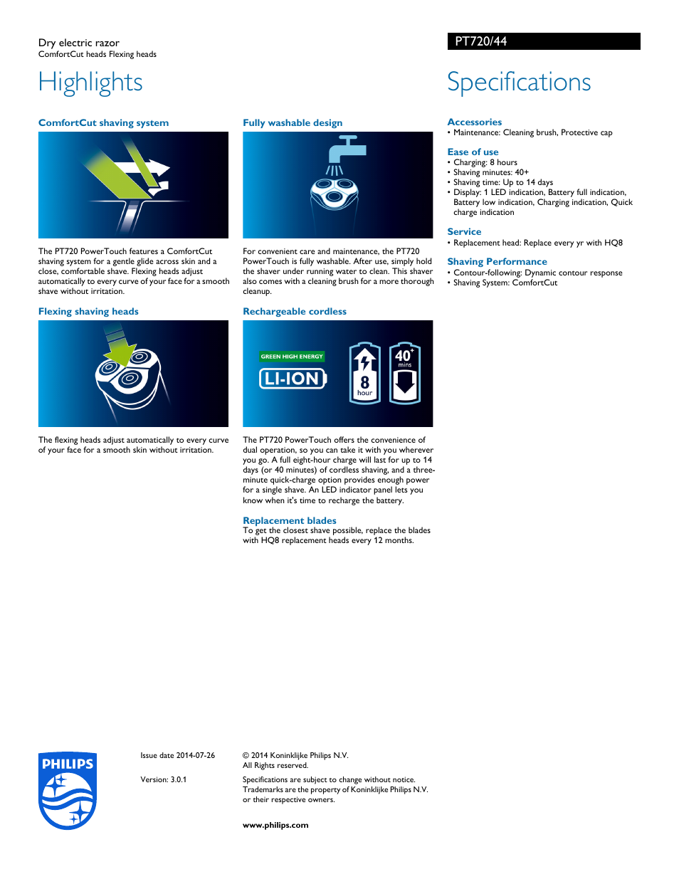 Highlights, Specifications | Philips PT720-44 User Manual | Page 2 / 2