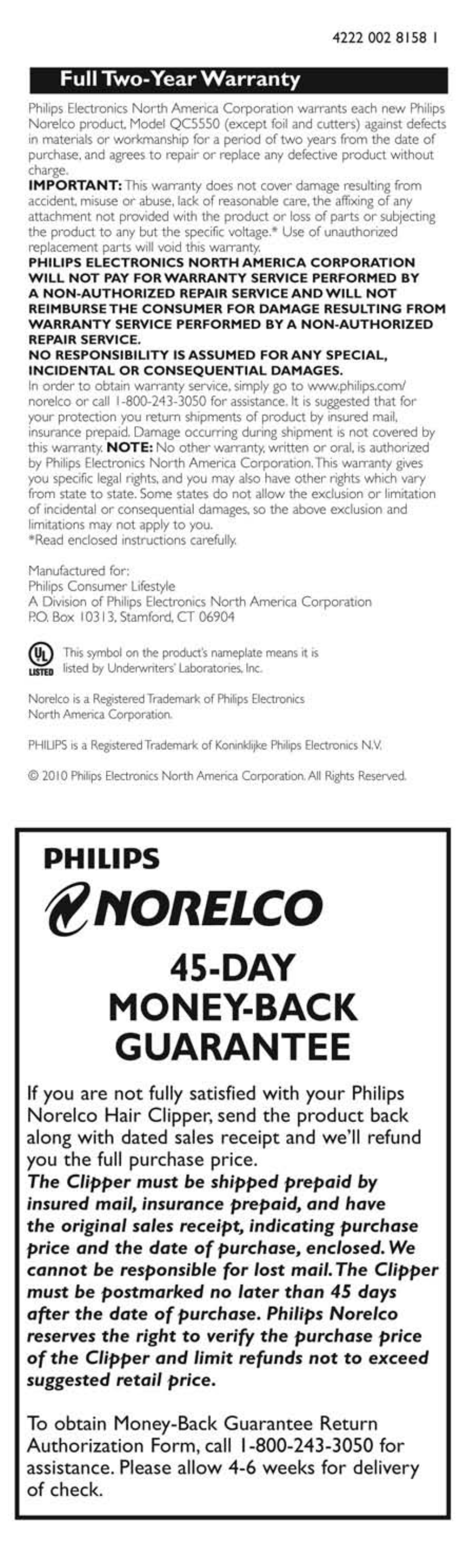 Norelco, Day money-back guarantee, Philips | Philips QC5550-40 User Manual | Page 13 / 13