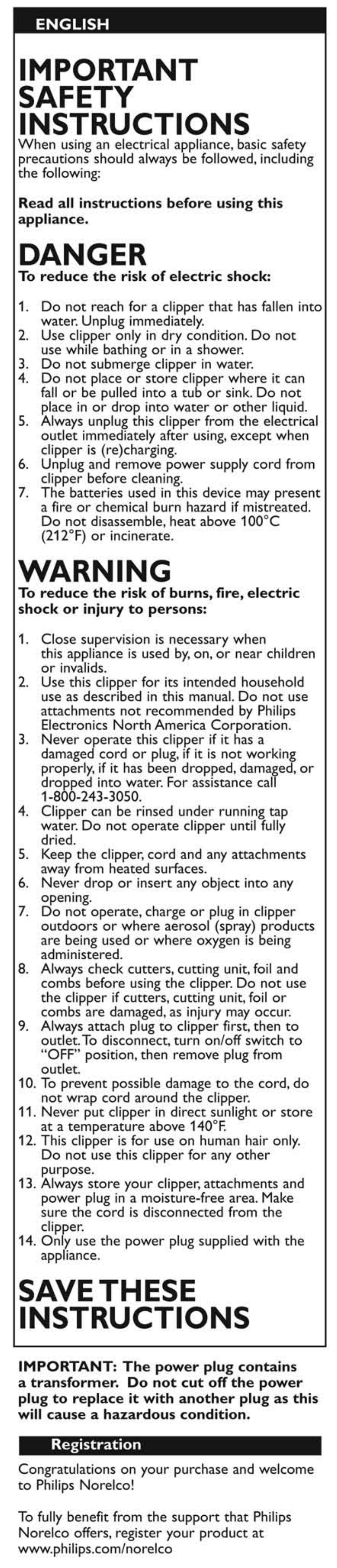 Important, Safety, Instructions | Danger, Warning, Savethese instructions, Important safety instructions | Philips QC5550-40 User Manual | Page 2 / 13