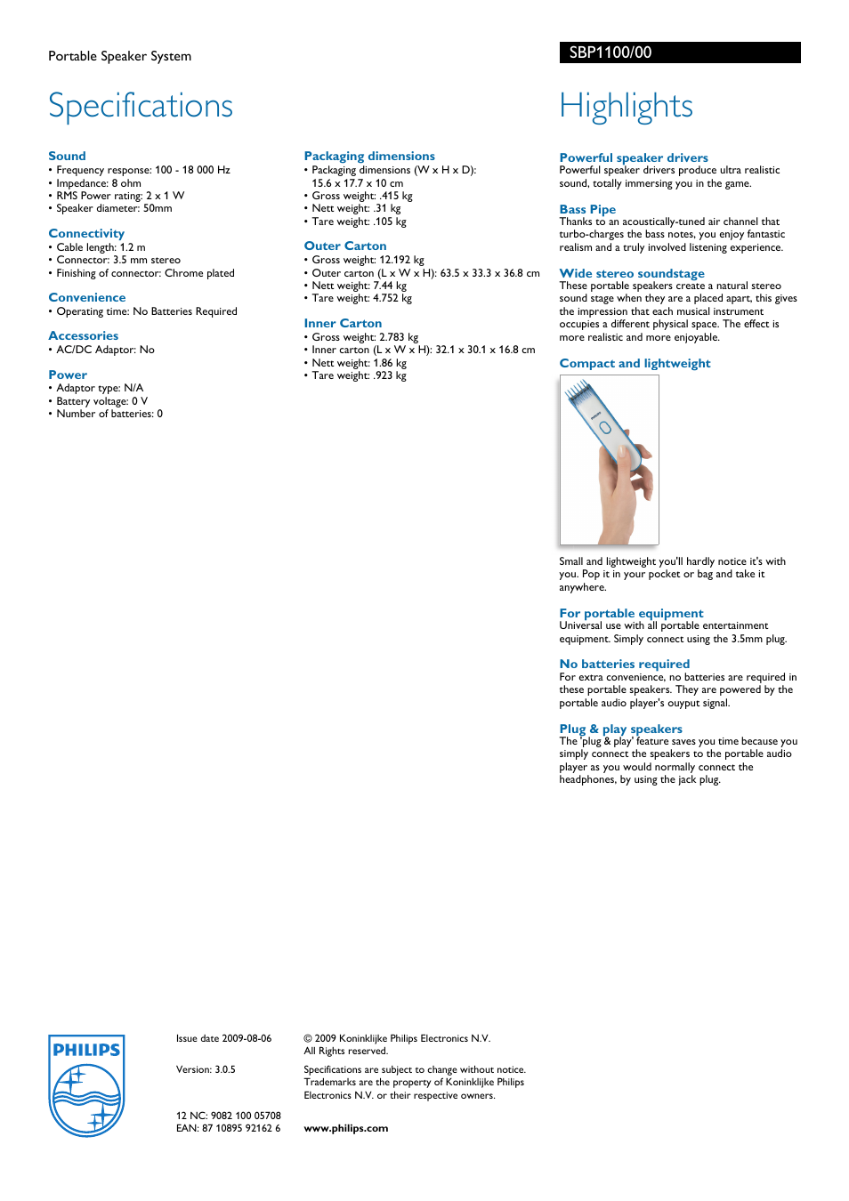 Specifications, Highlights | Philips SBP1100-00 User Manual | Page 2 / 2