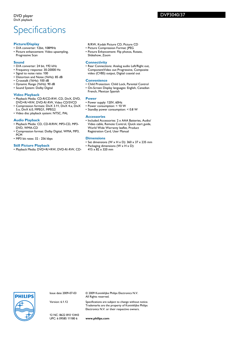 Specifications | Philips DVP3040-37B User Manual | Page 3 / 3