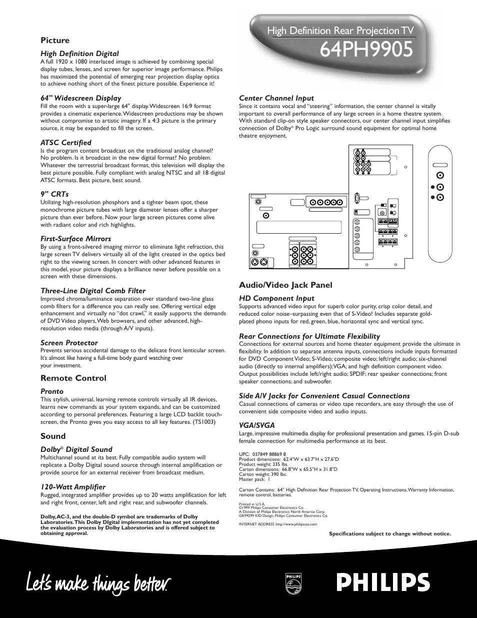 High definition rear projection tv, Picture, Remote control | Sound, Audio/video jack panel, High definition digital, 64" widescreen display, Atsc certified, 9" crts, First-surface mirrors | Philips 64PH990599 User Manual | Page 2 / 2