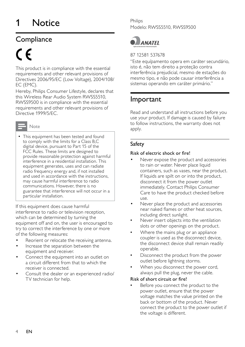 1 notice, Compliance, Important | Safety | Philips RWSS5510-00 User Manual | Page 4 / 9