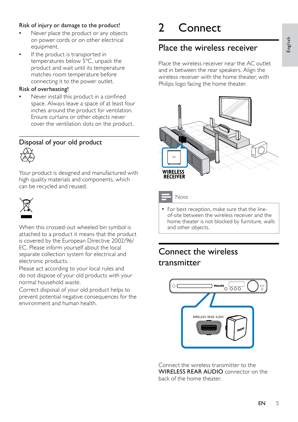Disposal of your old product, 2 connect, Place the wireless receiver | Connect the wireless transmitter | Philips RWSS5510-00 User Manual | Page 5 / 9