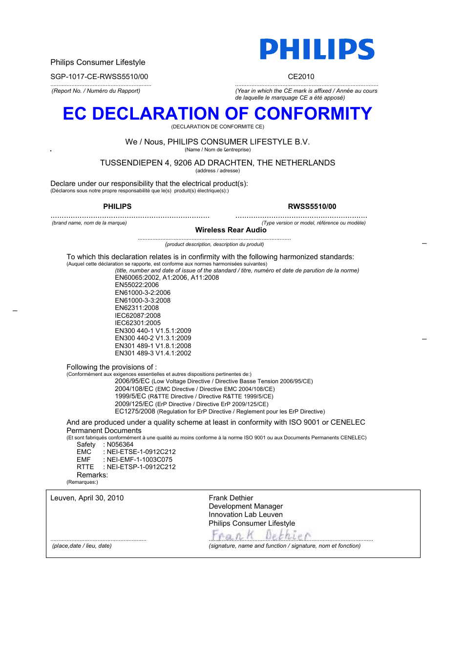 Ec declaration of conformity | Philips RWSS5510-00 User Manual | Page 8 / 9