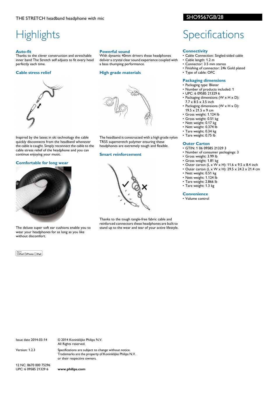 Highlights, Specifications | Philips SHO9567GB-28 User Manual | Page 2 / 2