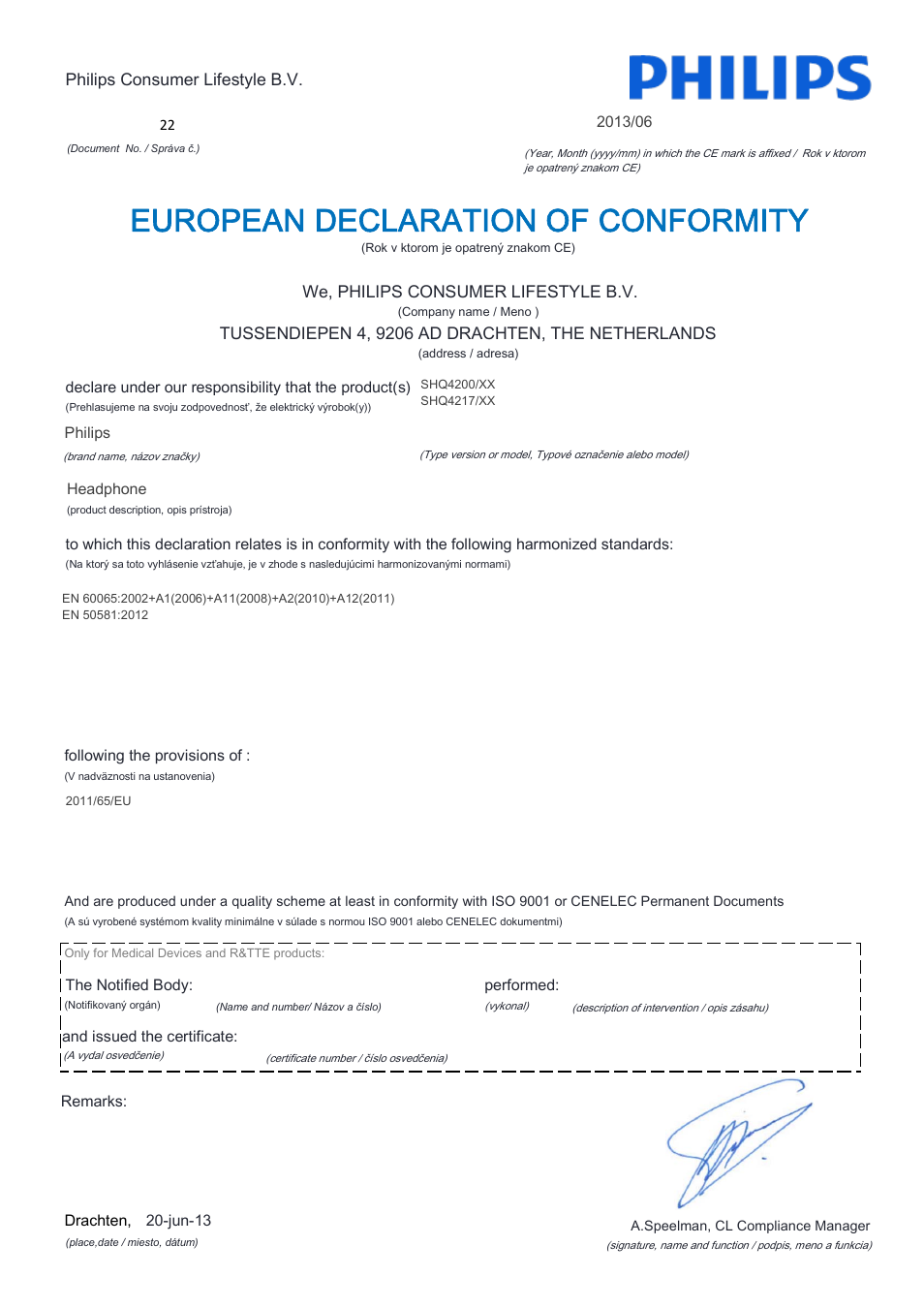 European declaration of conformity | Philips SHQ4217-28 User Manual | Page 17 / 21