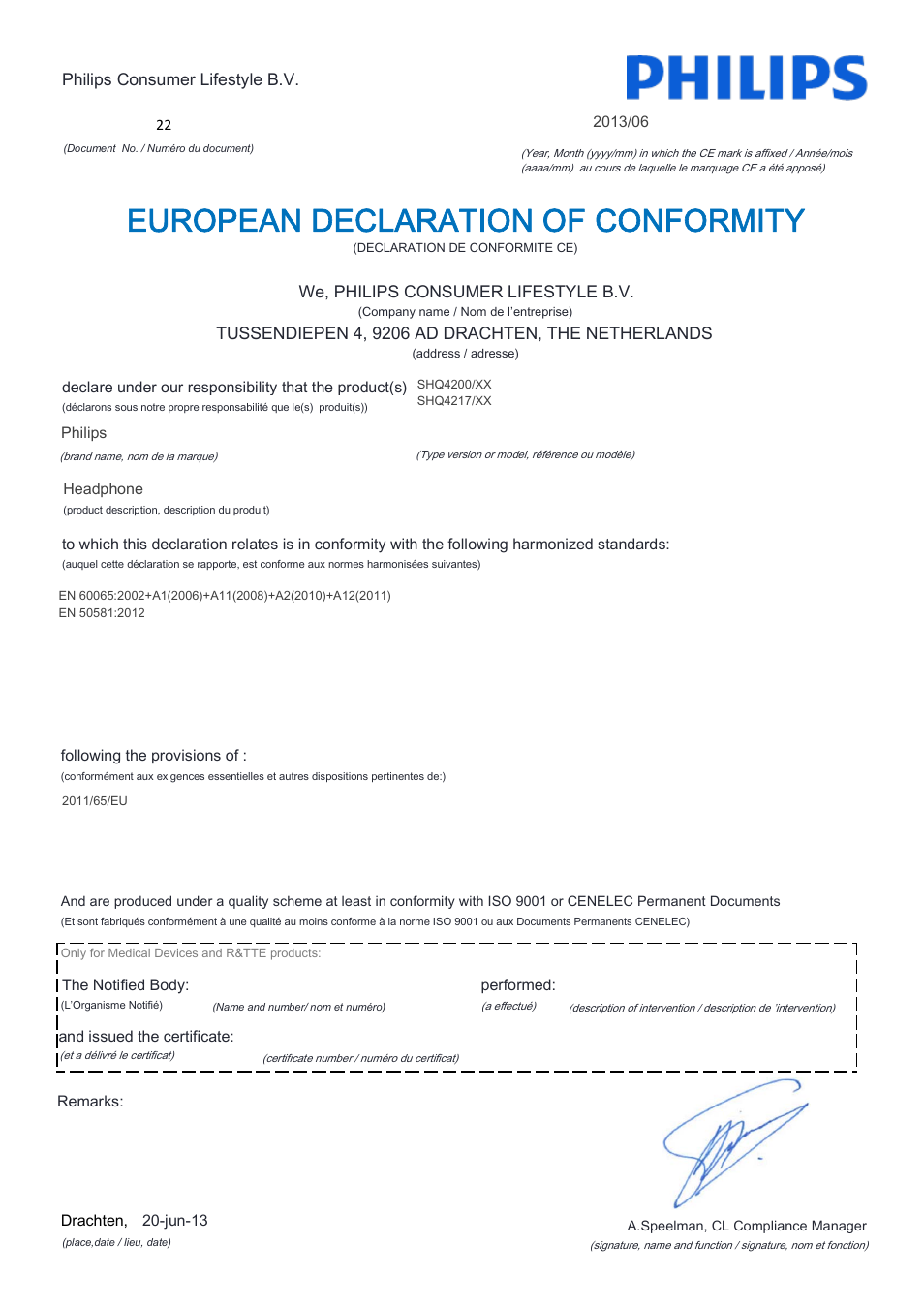 European declaration of conformity | Philips SHQ4217-28 User Manual | Page 3 / 21