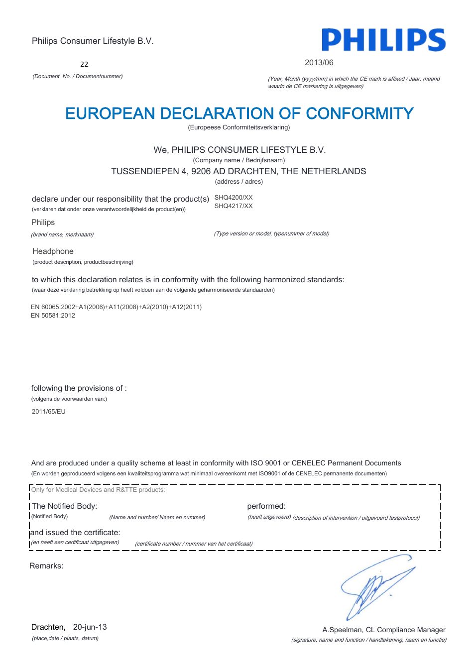 European declaration of conformity | Philips SHQ4217-28 User Manual | Page 4 / 21