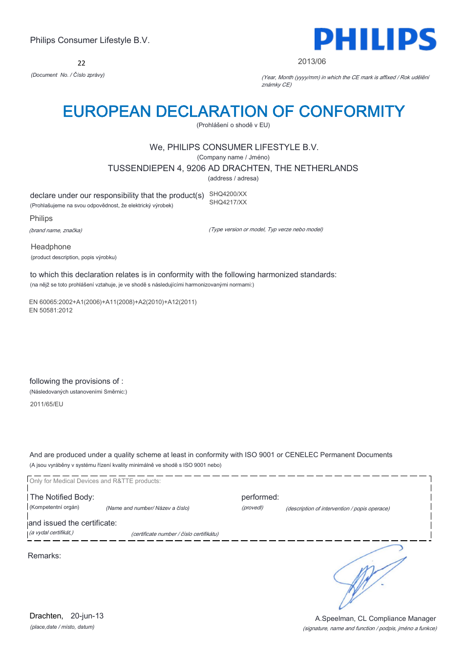 European declaration of conformity | Philips SHQ4217-28 User Manual | Page 5 / 21