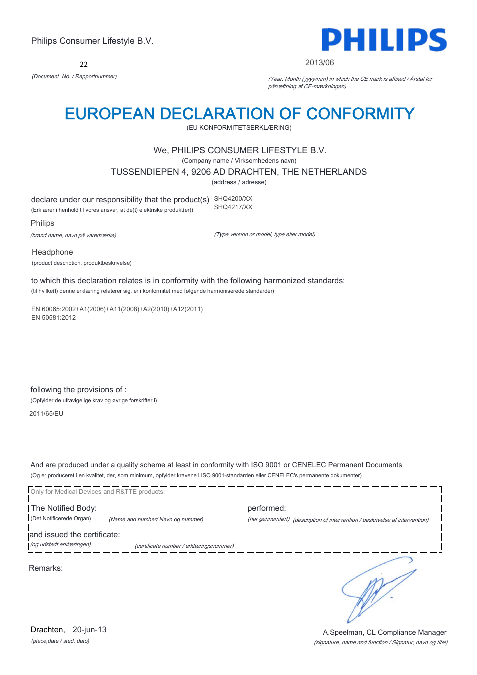 European declaration of conformity | Philips SHQ4217-28 User Manual | Page 6 / 21