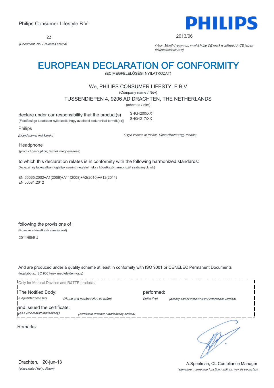 European declaration of conformity | Philips SHQ4217-28 User Manual | Page 9 / 21