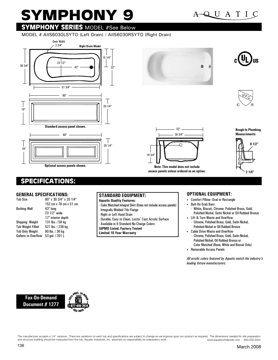 Aquatic SYMPHONY 9 AIIS6030lSYTo User Manual | 1 page