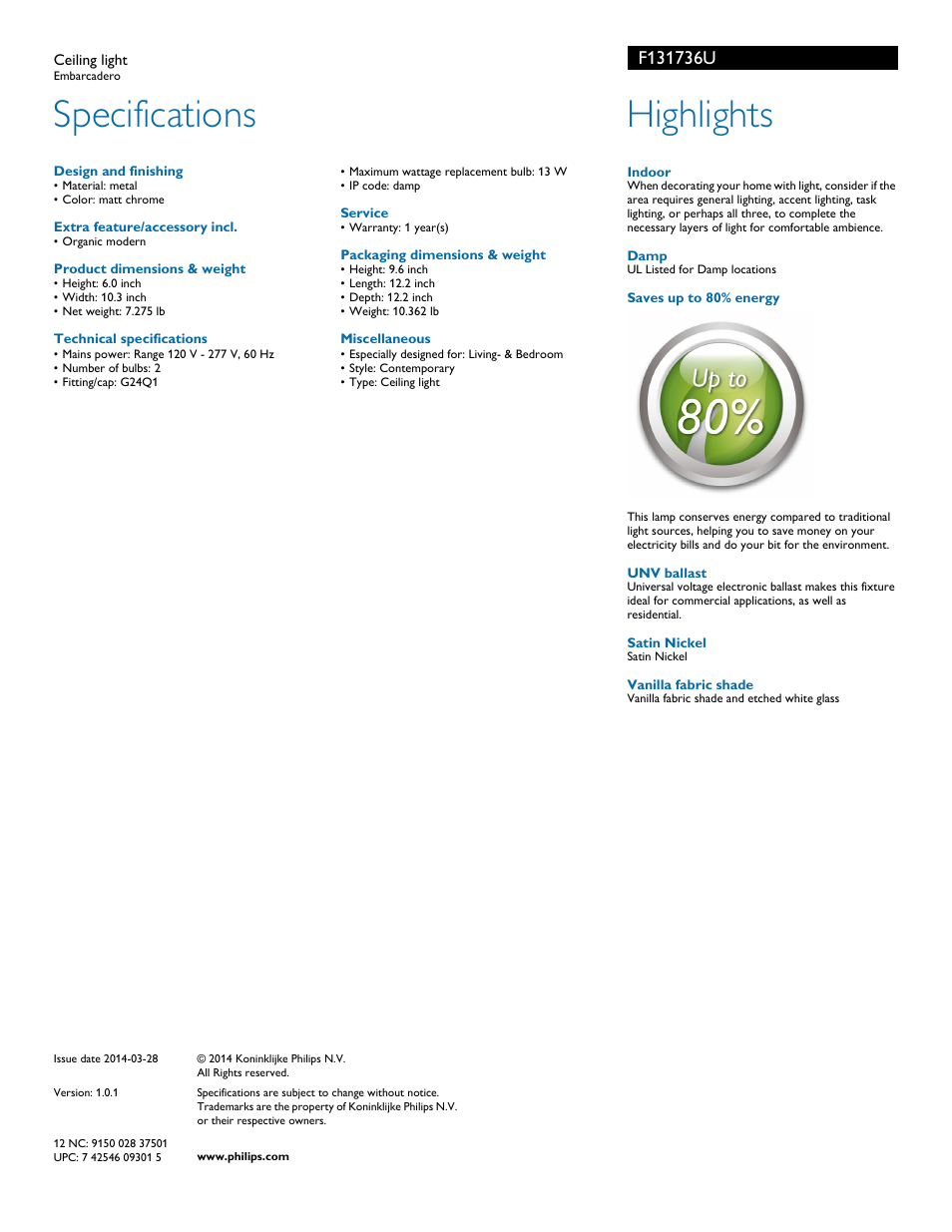 Specifications, Highlights | Philips F131736U User Manual | Page 2 / 2
