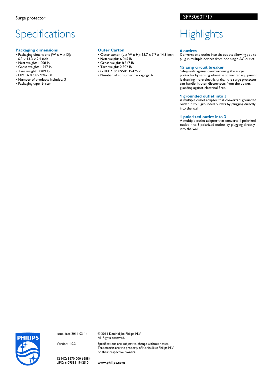 Specifications, Highlights | Philips SPP3060T-17 User Manual | Page 2 / 2