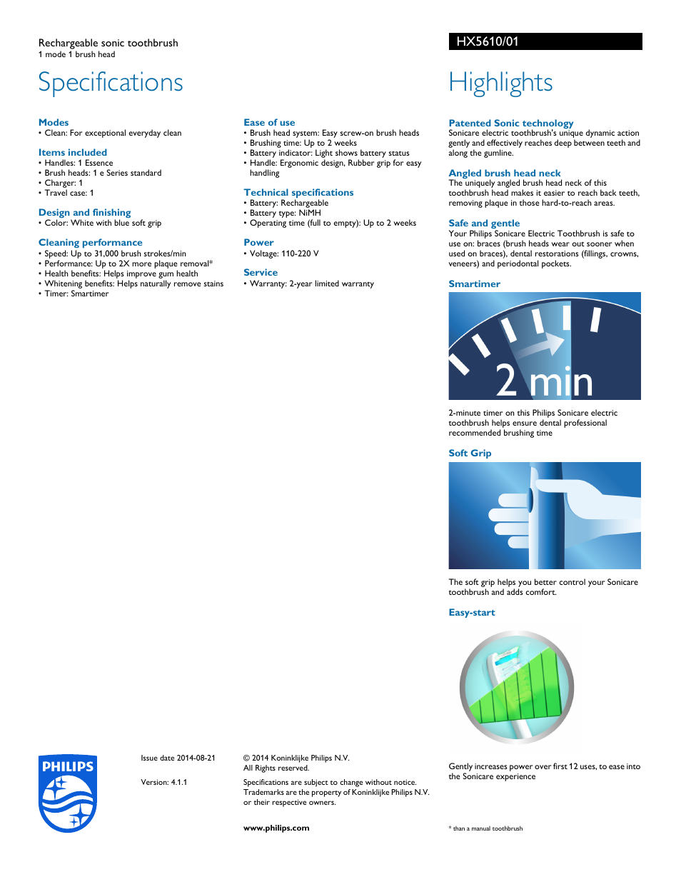 Specifications, Highlights | Philips HX5610-01 User Manual | Page 2 / 2