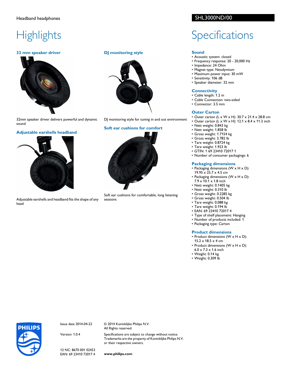Highlights, Specifications | Philips SHL3000ND-00 User Manual | Page 2 / 2
