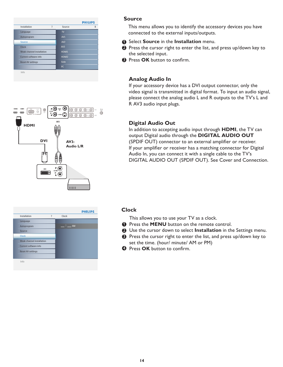 Analog audio in, Digital audio out, Source | Clock, Hdmi dvi av3: audio l/r | Philips 42PFL5432D-37 User Manual | Page 21 / 43