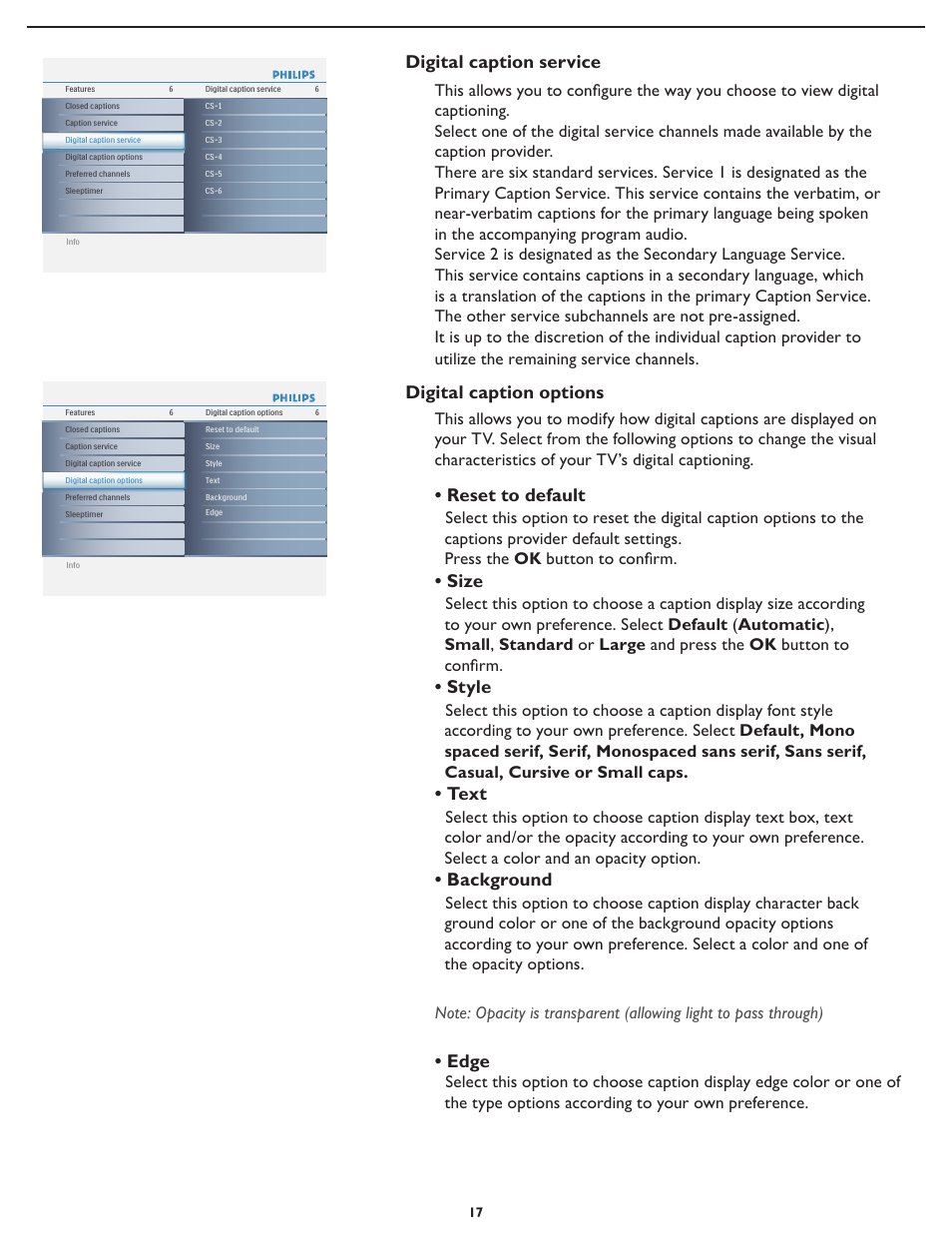 Digital caption options, Digital caption service, Reset to default | Size, Style, Text, Background, Edge | Philips 42PFL5432D-37 User Manual | Page 24 / 43