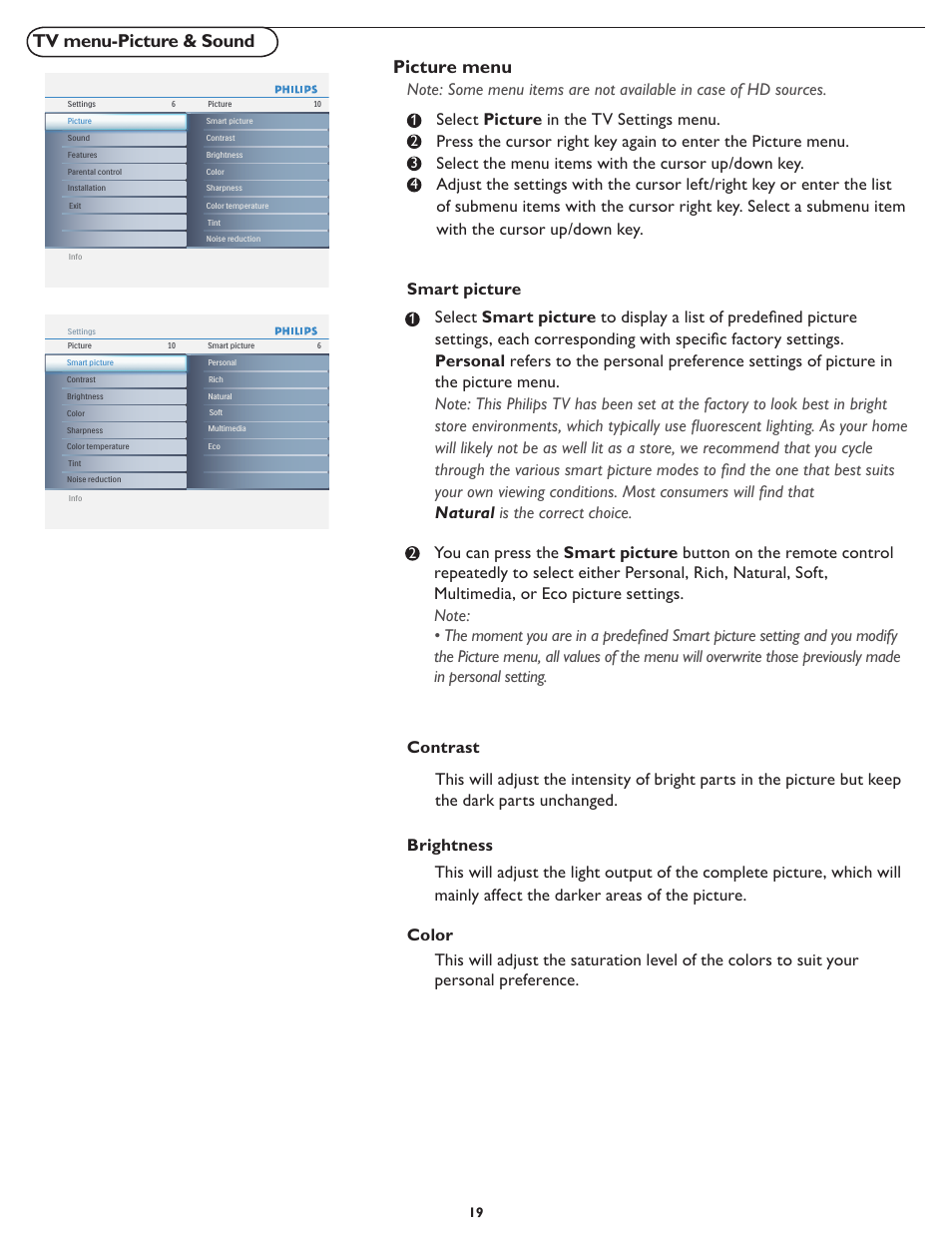 Tv menu-picture & sound, Picture menu | Philips 42PFL5432D-37 User Manual | Page 26 / 43