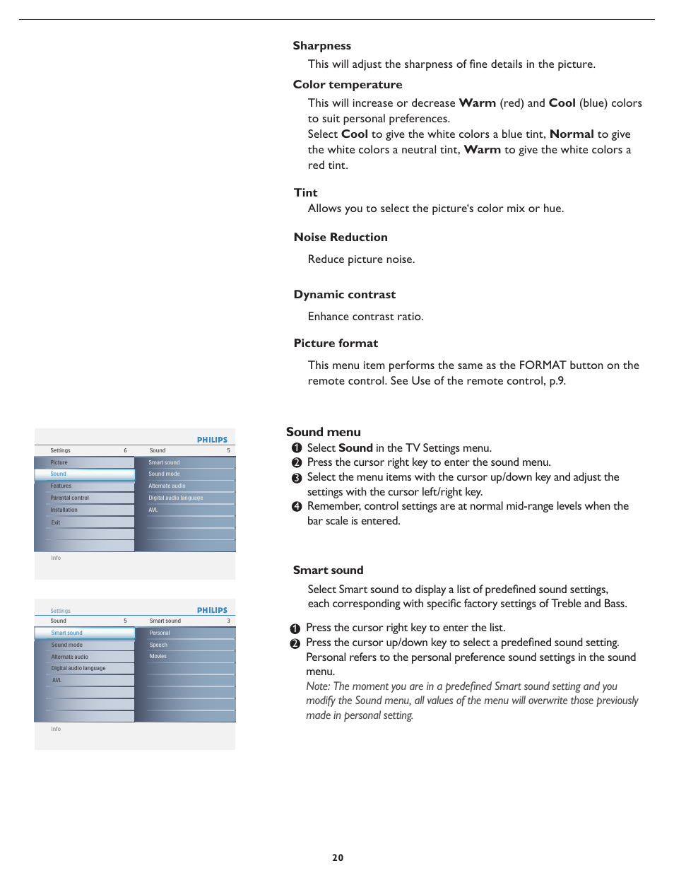 Sound menu | Philips 42PFL5432D-37 User Manual | Page 27 / 43