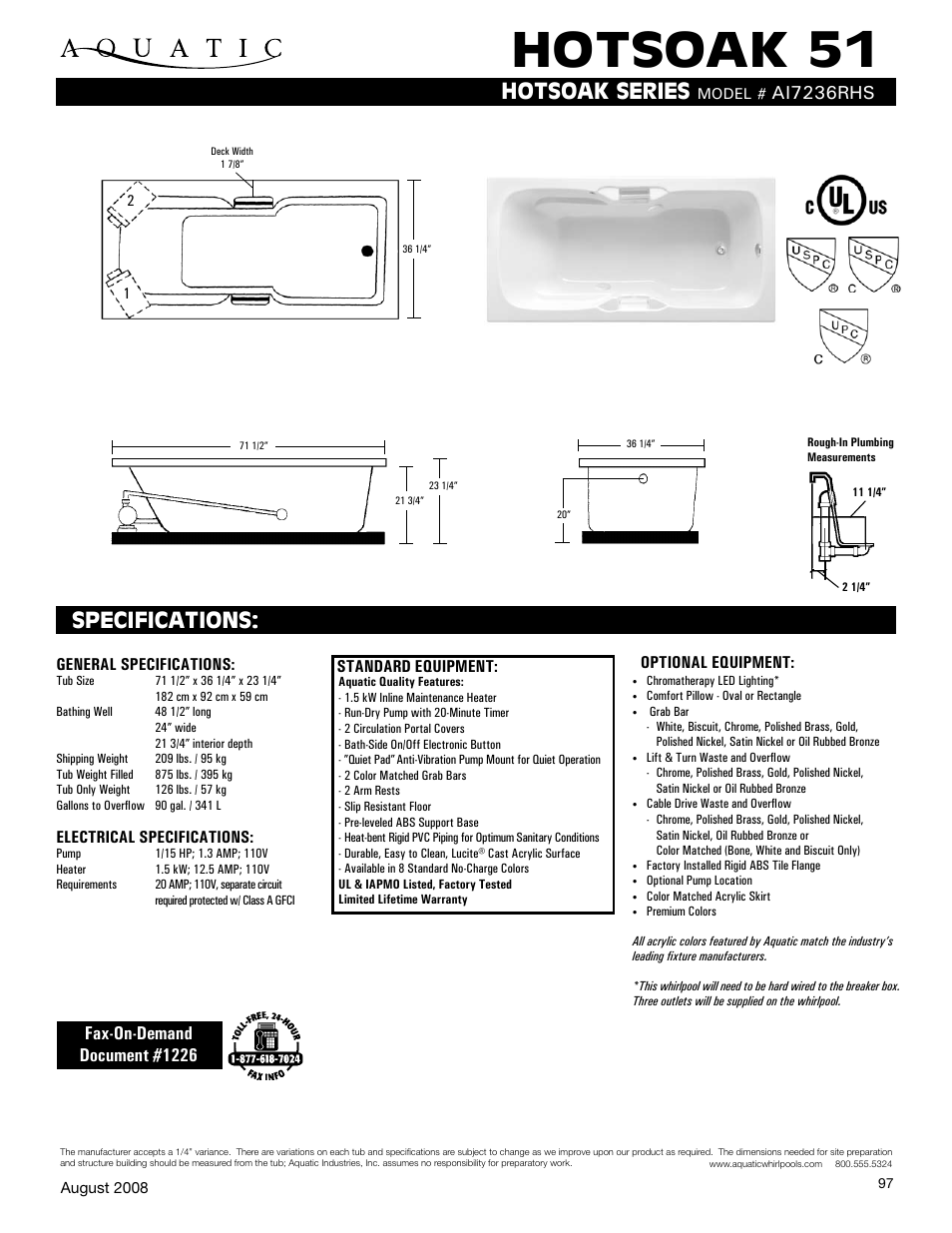 Aquatic HOTSOAK 51 AI7236RHS User Manual | 1 page