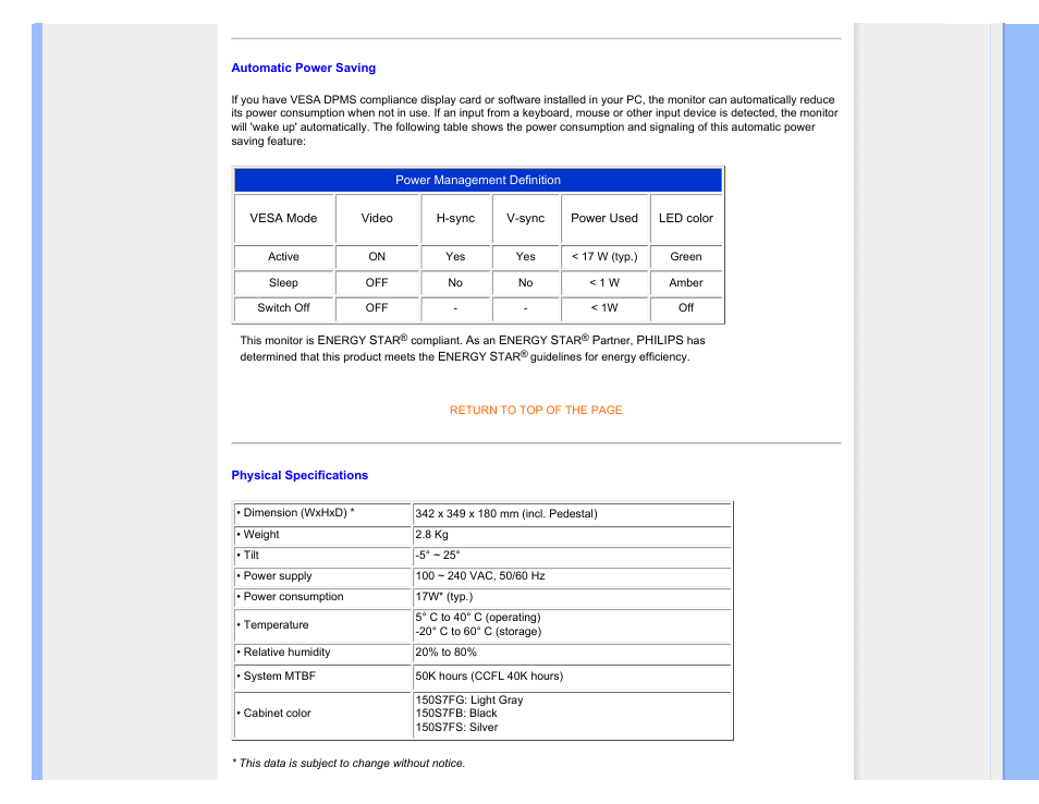 Automatic power saving, Physical specification | Philips 150S7FG-27 User Manual | Page 31 / 98