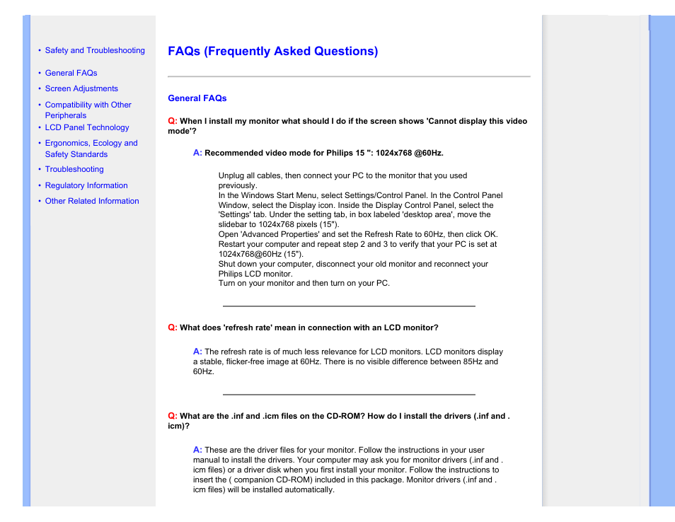 Faqs (frequently asked questions), Faqs | Philips 150S7FG-27 User Manual | Page 4 / 98