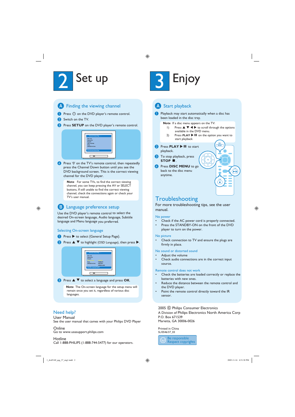 Enjoy, Set up, Troubleshooting | Need help, Finding the viewing channel, Language preference setup, Start playback | Philips DVP5140-37 User Manual | Page 2 / 2