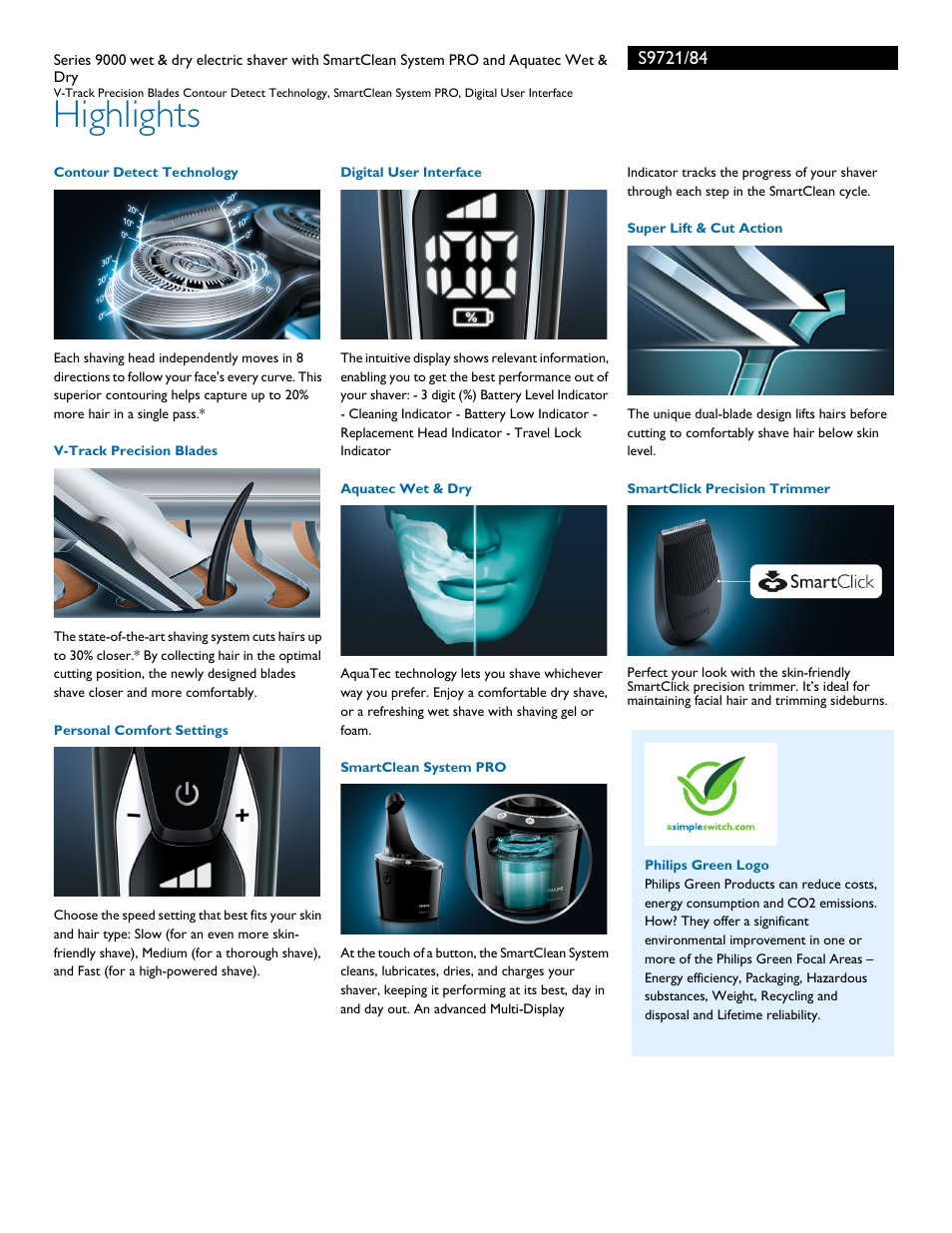 Highlights | Philips Norelco SHAVER Series 9000 wet and dry electric shaver S9721-84 V-Track Precision Blades Contour Detect Technology SmartClean System PRO Digital User Interface with SmartClean System PRO and Aquatec Wet & Dry User Manual | Page 2 / 3