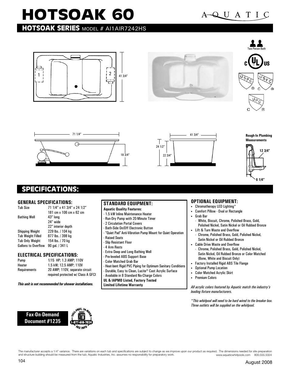 Aquatic HOTSOAK 60 AI1AIR7242HS User Manual | 1 page