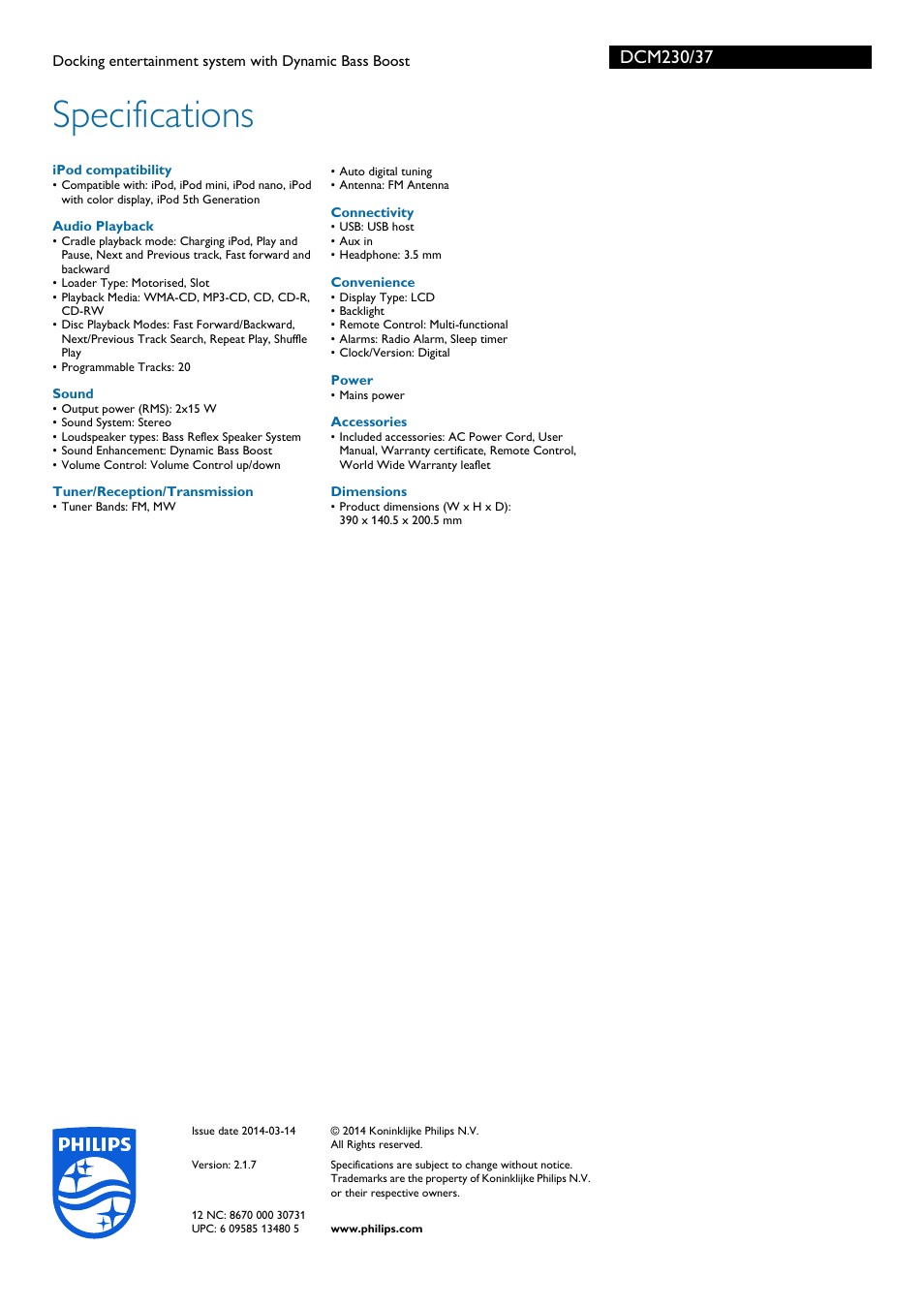 Specifications | Philips DCM230-37 User Manual | Page 3 / 3