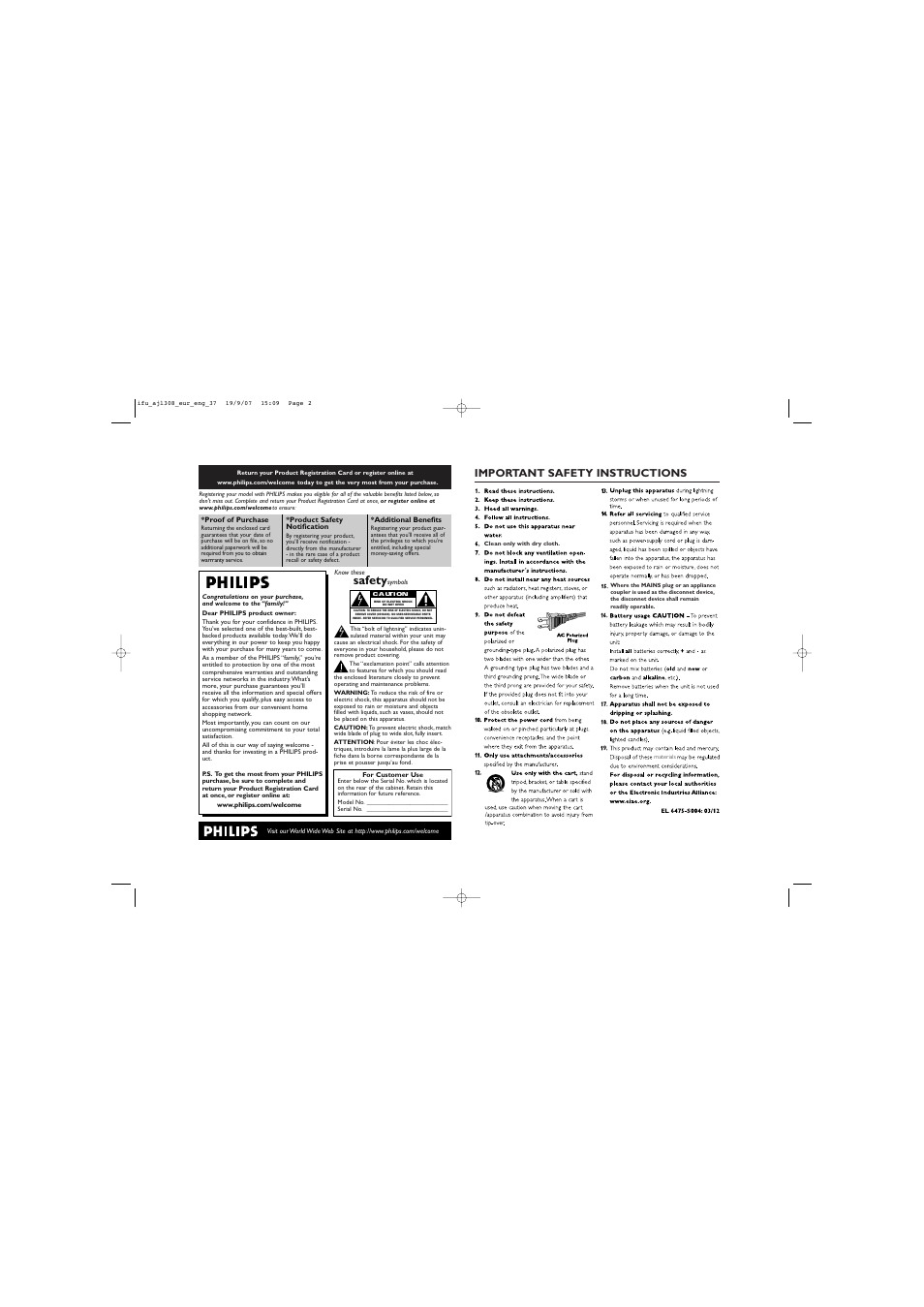 Safety, Important safety instructions | Philips AJL308-17B User Manual | Page 2 / 9