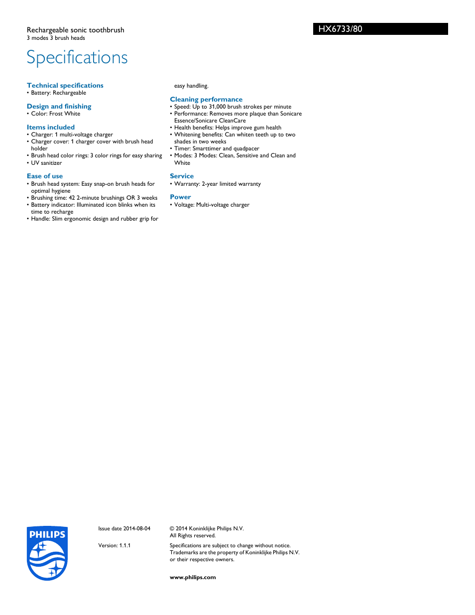 Specifications | Philips HX6733-80 User Manual | Page 3 / 3