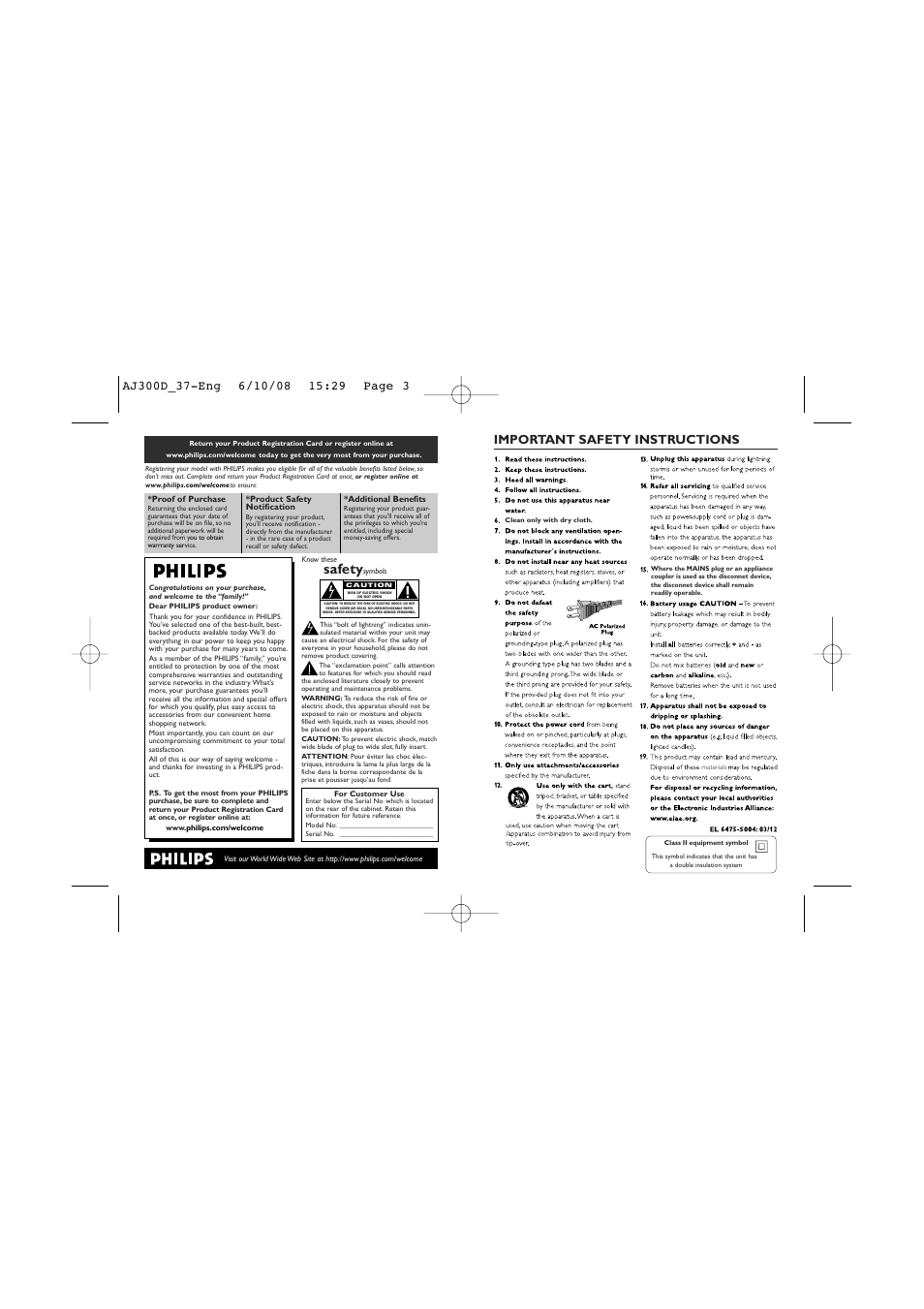 Safety, Important safety instructions | Philips AJ300D-37B User Manual | Page 3 / 9