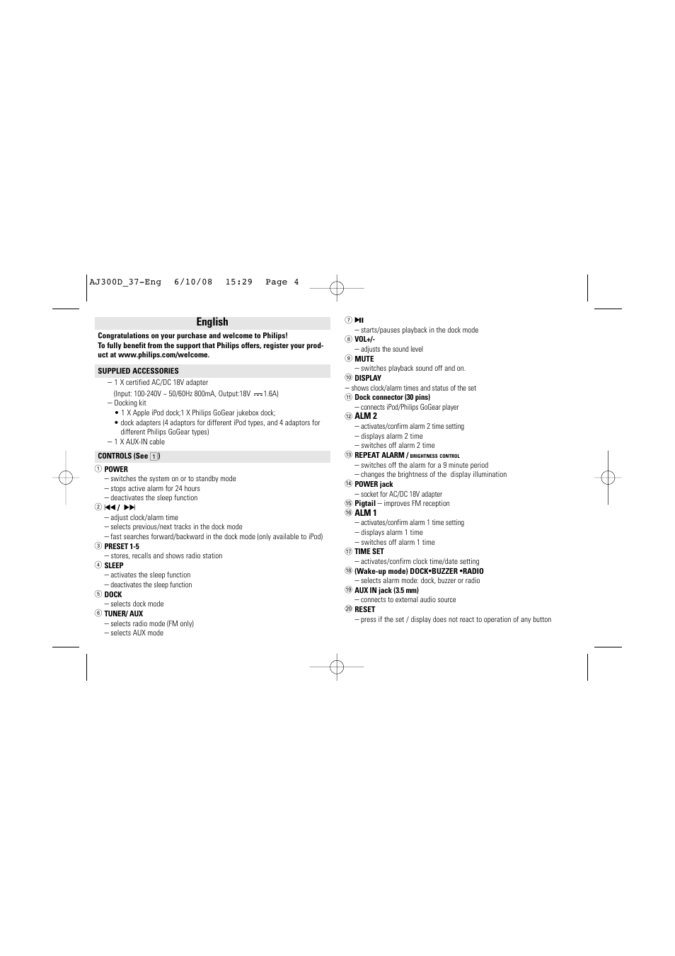 English | Philips AJ300D-37B User Manual | Page 4 / 9