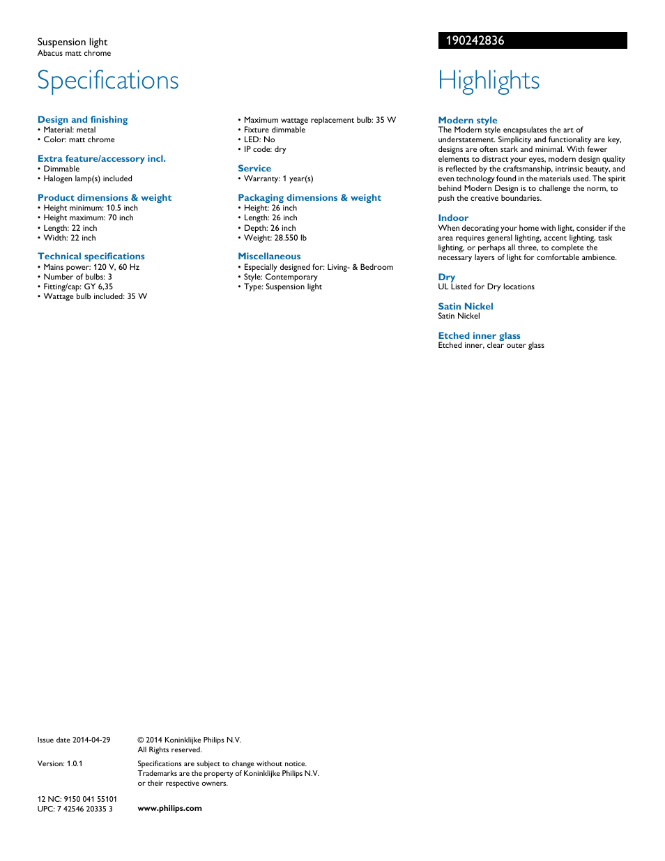 Specifications, Highlights | Philips 190242836 User Manual | Page 2 / 2