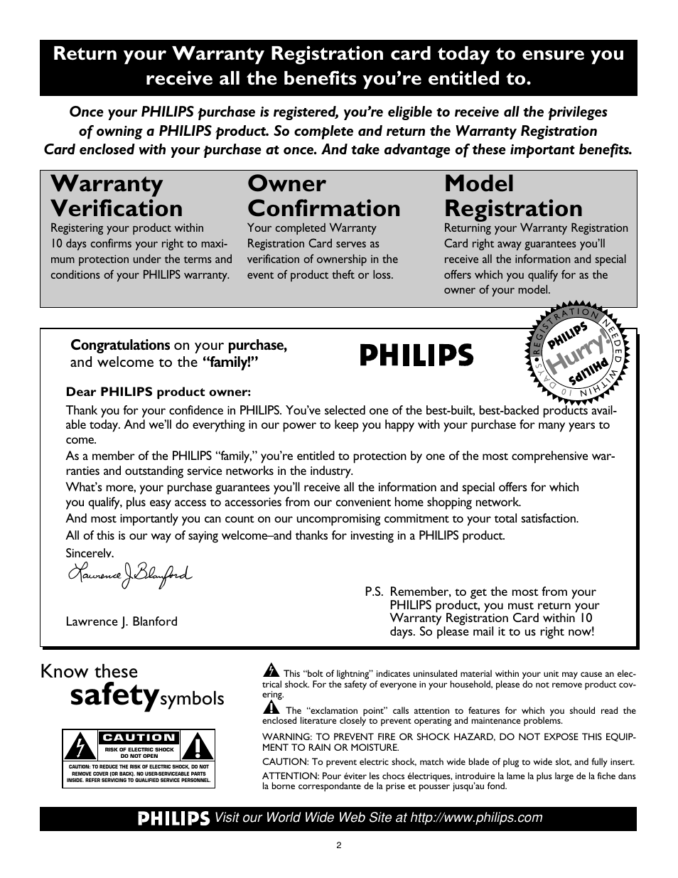 Safety, Warranty verification, Owner confirmation | Model registration, Hurry, Know these, Symbols t | Philips 20RF50S User Manual | Page 2 / 40