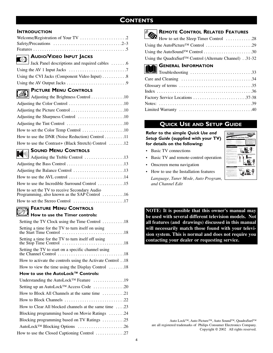 Ontents i | Philips 20RF50S User Manual | Page 4 / 40