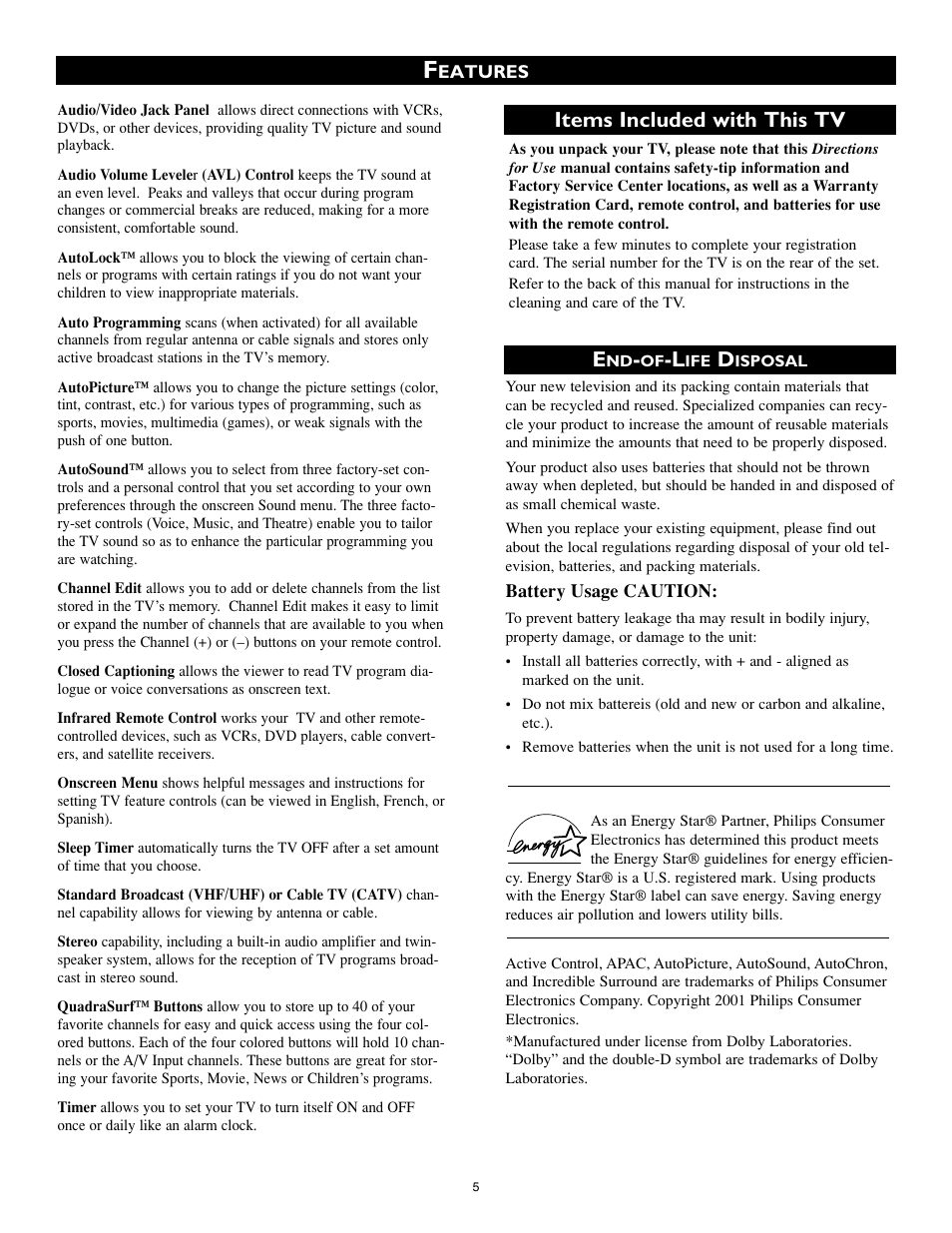 Items included with this tv | Philips 20RF50S User Manual | Page 5 / 40
