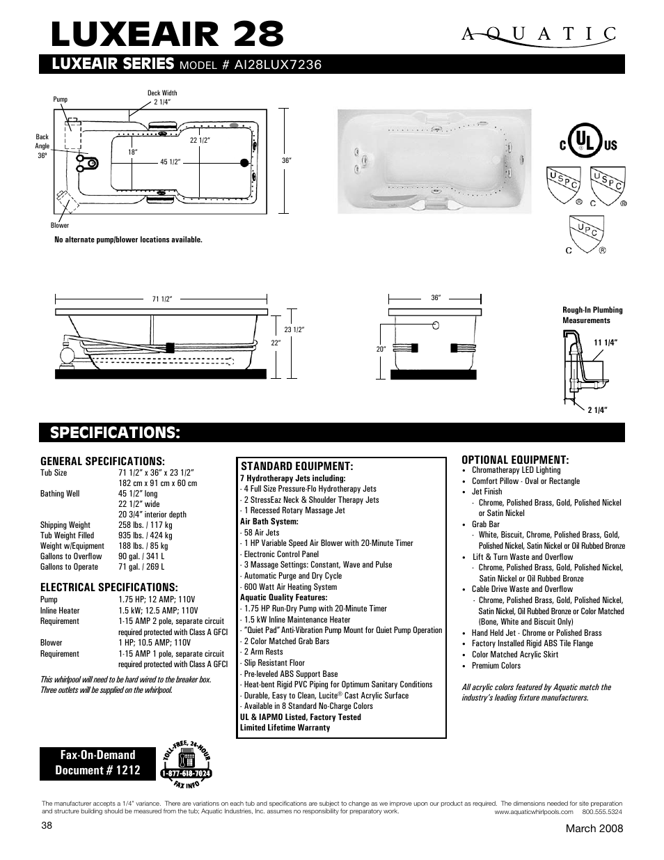 Aquatic LUXEAIR 28 ai28lux7236 User Manual | 1 page