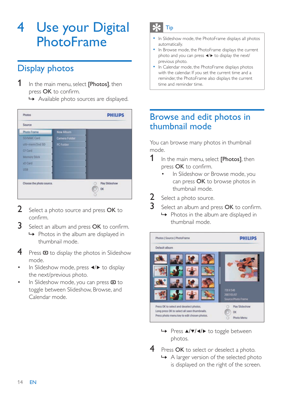 4 use your digital photoframe, Browse and edit photos in thumbnail mode, Display photos 1 | Philips 10FF3CMI-37 User Manual | Page 13 / 34