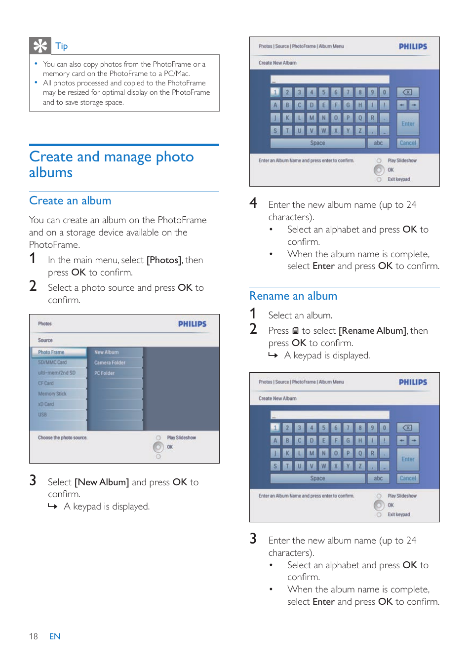 Create and manage photo albums | Philips 10FF3CMI-37 User Manual | Page 17 / 34